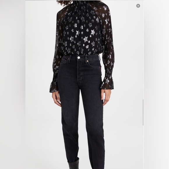 Ramy Brook Stassi Star Print Blouse Black Sheer Long Sleeve High Neck - Picture 1 of 16